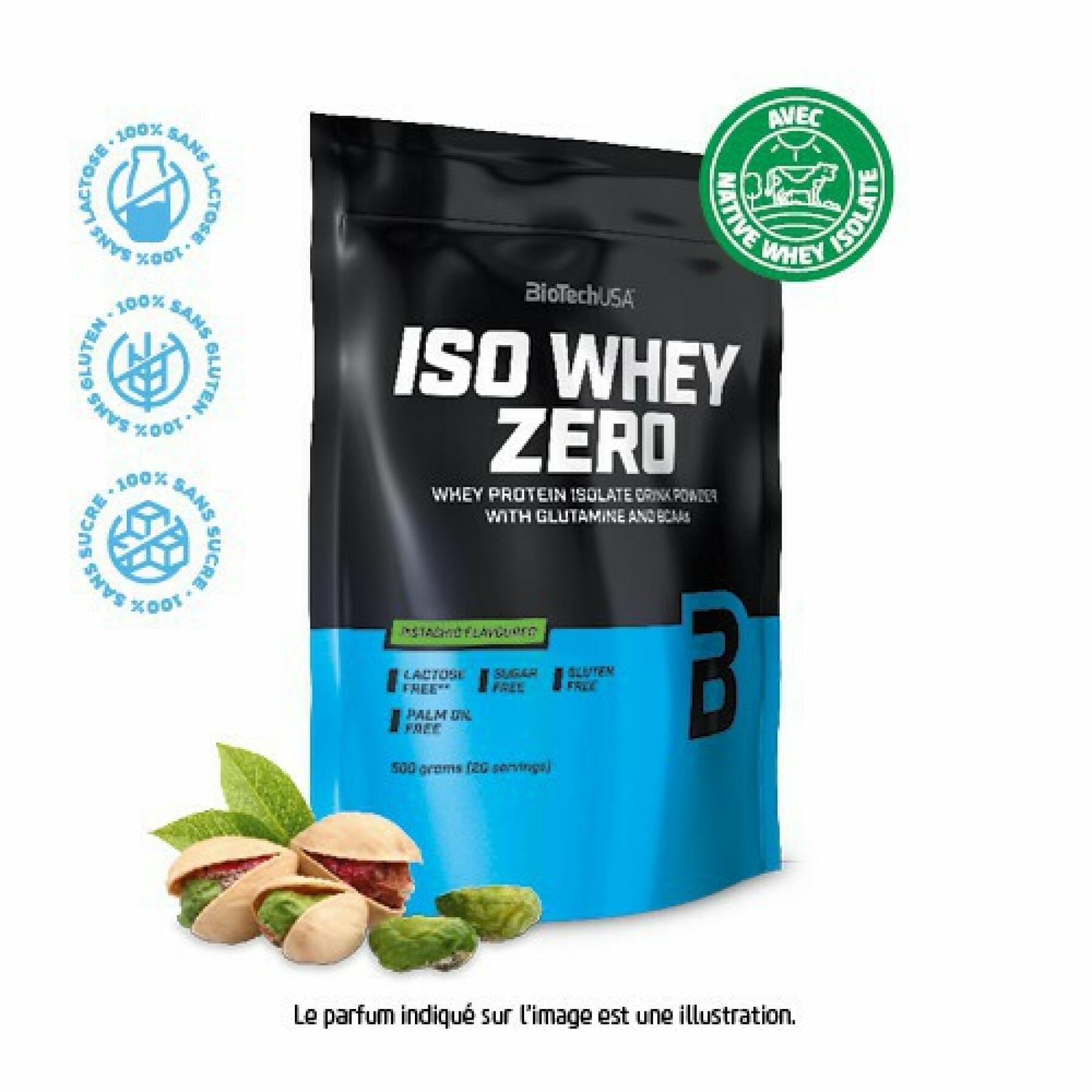 Förpackning med 10 proteinpåsar Biotech USA iso whey zero lactose free - Pistache - 500g