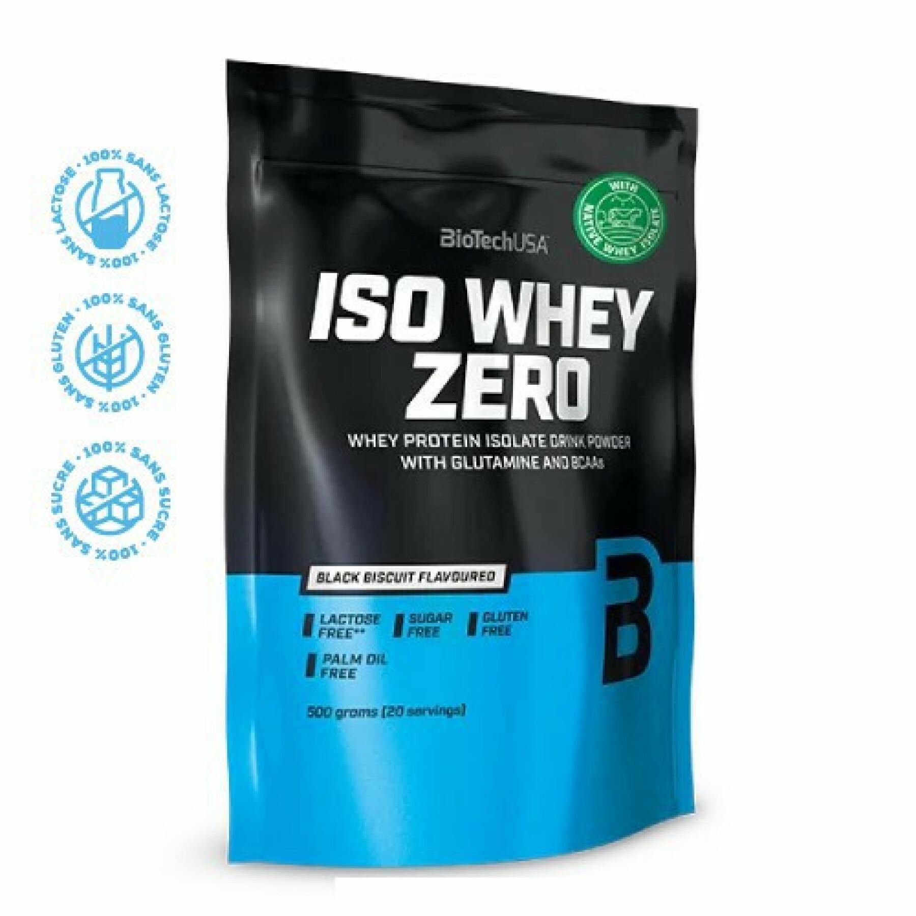 Förpackning med 10 proteinpåsar Biotech USA iso whey zero lactose free - Black Biscuit - 500g