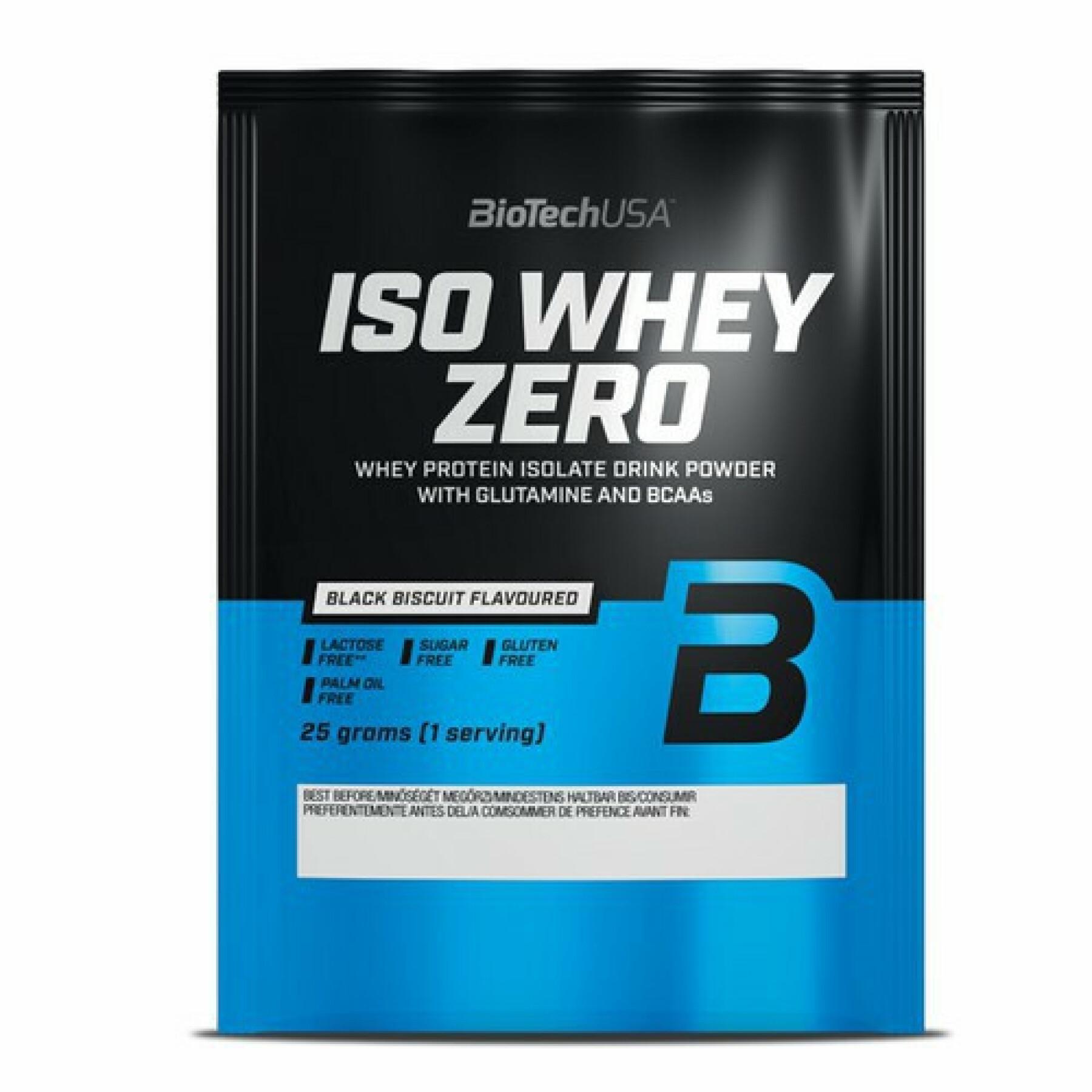 Förpackning med 50 laktosfria proteinpåsar Biotech USA iso whey zero - Black Biscuit - 25g