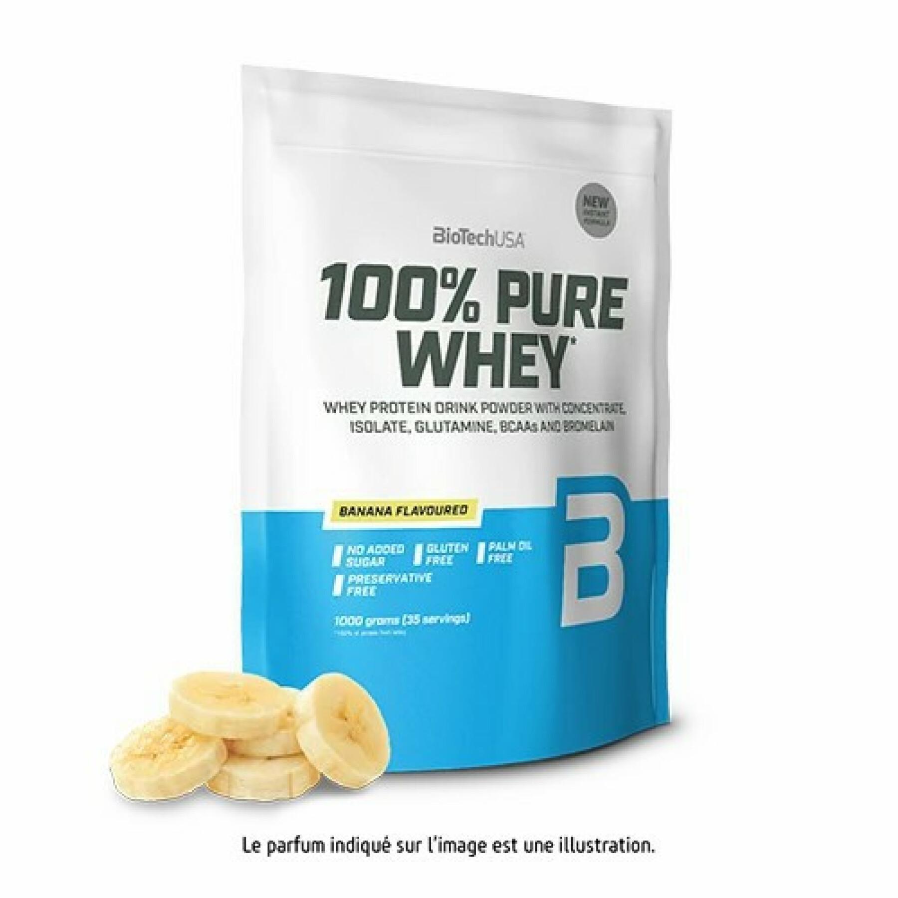 Förpackning med 10 påsar 100 % rent vassleprotein Biotech USA - Banane - 1kg