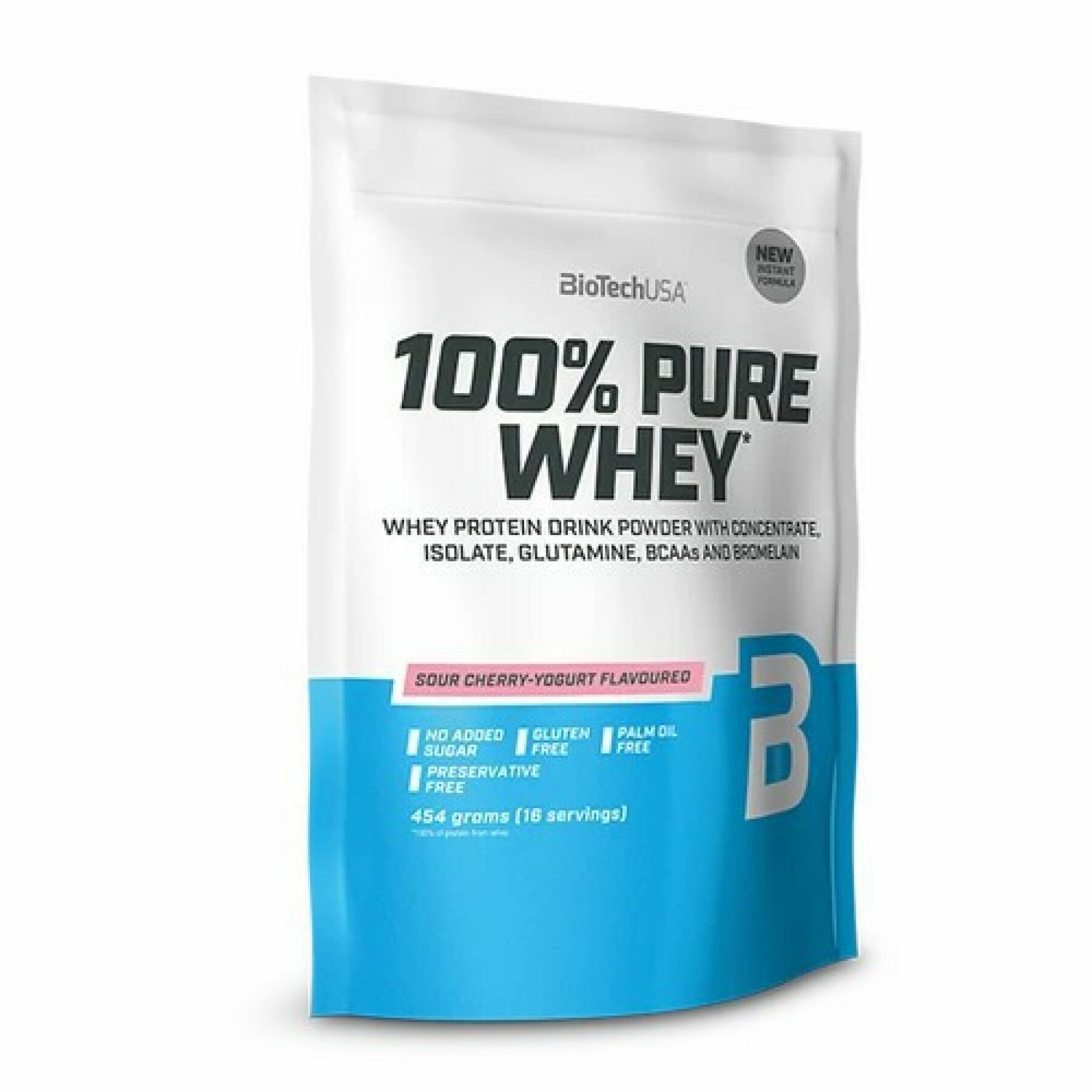 Förpackning med 10 påsar 100 % rent vassleprotein Biotech USA - Cerise yaourt - 454g