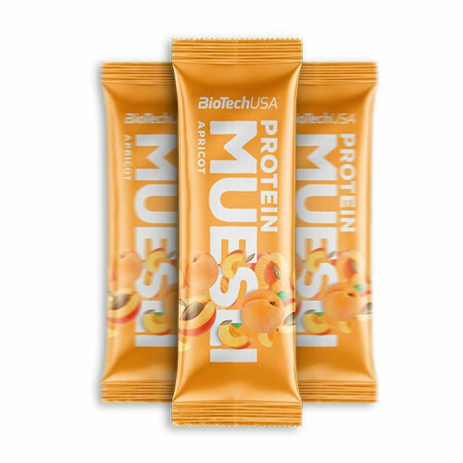Förpackning med 28 snackboxar med protein Biotech USA muesli - Abricot