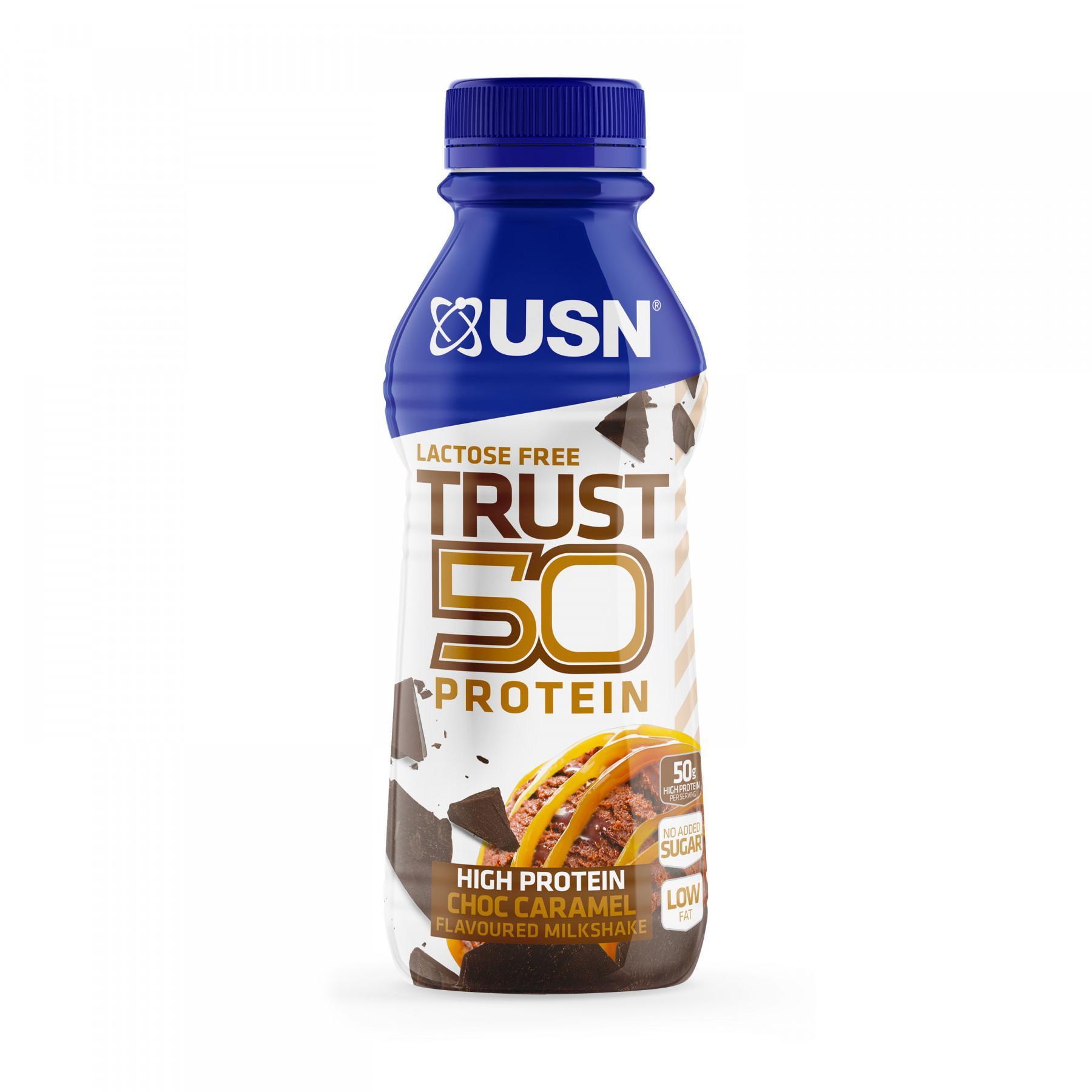 Förpackning med 6 chokladkaramelldrycker 500 ml usn trust protein fuel 50